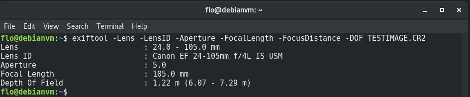 exiftool -Lens -LensID -Aperture -FocalLength -FocusDistance -DOF TESTIMAGE.CR2